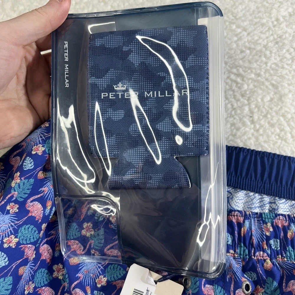 Peter Millar Tropical Flock Swim Trunks Mens‎ 2XL Blue Flamingo Stretch Pouch